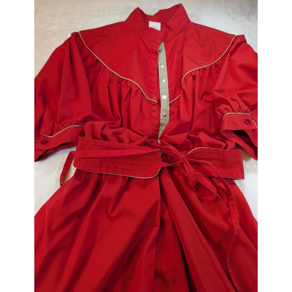 Vintage Red Prairie Dress Puff Sleeve Belted Cotton Western Cottagecore USA 12 - Picture 2 of 7